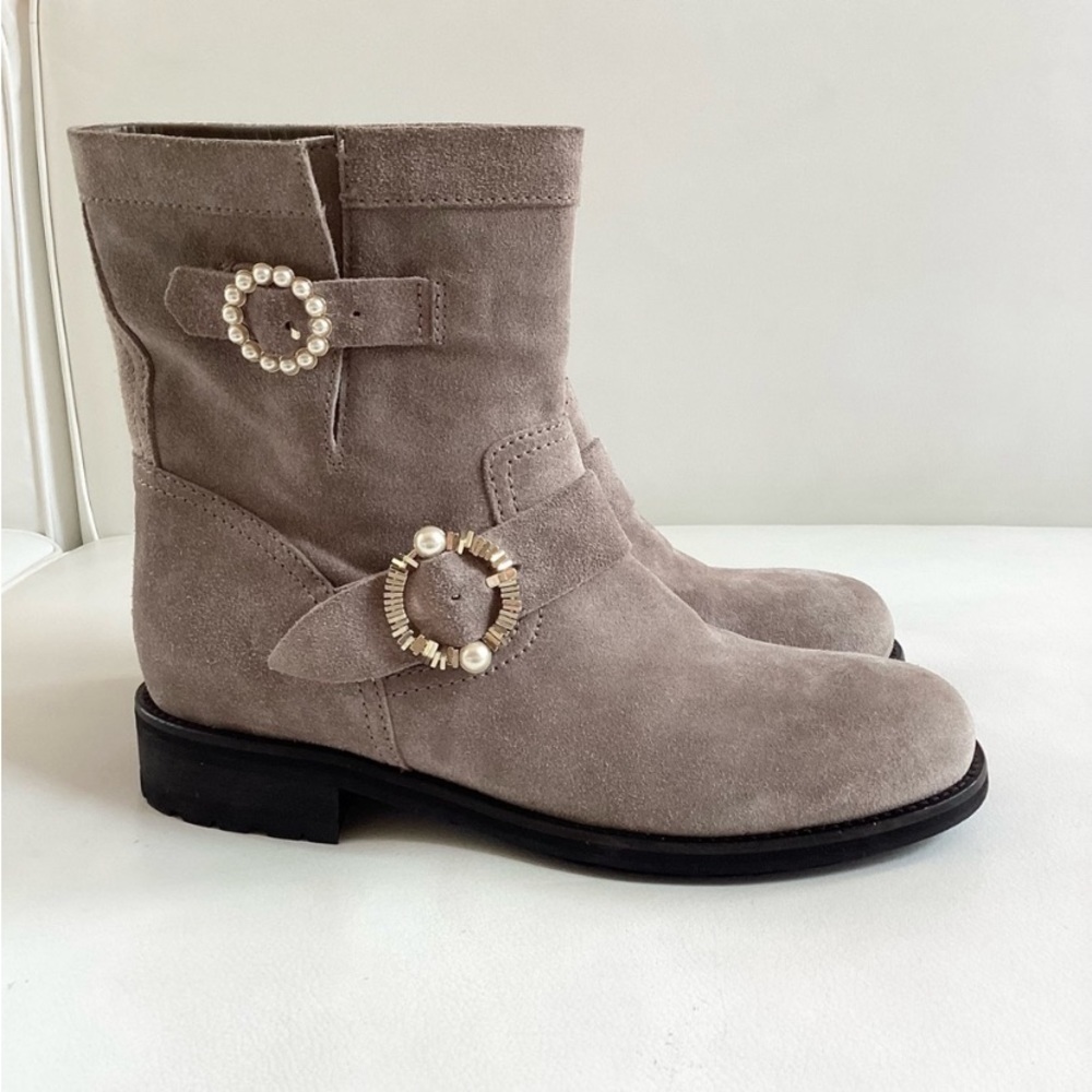 Jimmy Choo Suede Opal Grey Mid-Calf Moto Boots faux peal Multistrap Closure 7 - Picture 2 of 7